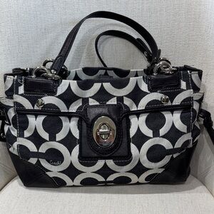 Coach Black Denim and White Signature Circle Satchel